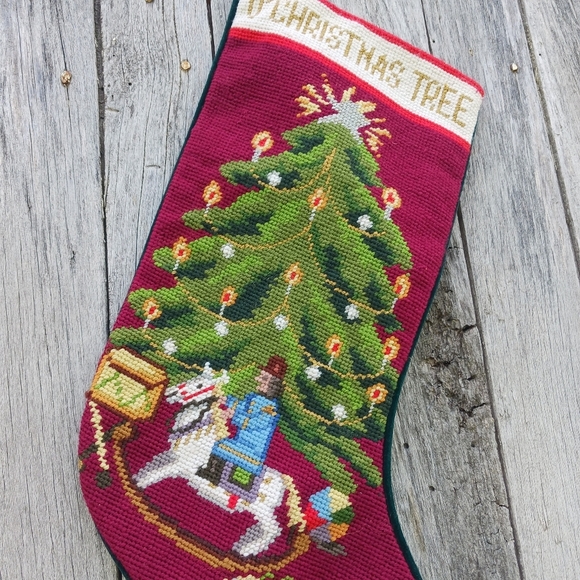 Vtg Needlepoint Christmas Holiday Stocking “O Christmas Tree” Green Velvet Back - Picture 2 of 5
